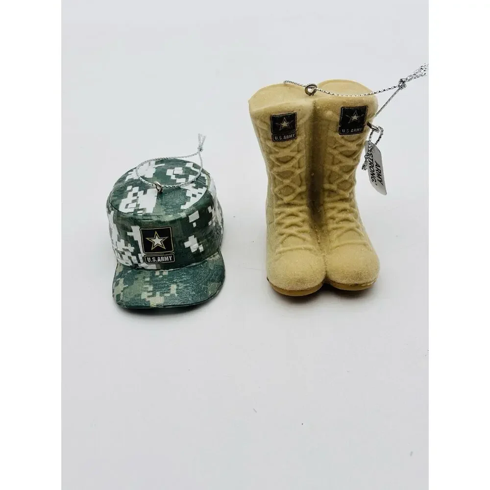 United States Army Christmas Ornament Lot Of 2 Hat And Boots Patriotic VG Cond